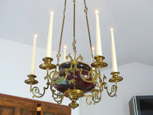 Load image into Gallery viewer, Charming French Church Brass Faience Chandelier Candle holders Religious 19TH
