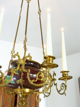 Load image into Gallery viewer, Charming French Church Brass Faience Chandelier Candle holders Religious 19TH
