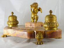 Load image into Gallery viewer, ANCIEN ENCRIER BRONZE &amp; MARBRE XIXè ANGELOT / ANTIQUE INKWELL DESK 19th CHERUB
