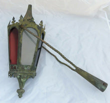 Load image into Gallery viewer, Antiq Religious Gothic Church Lantern Light Green Brass Glass Candle Holder 19TH
