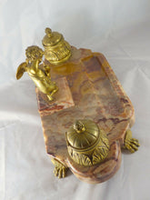 Load image into Gallery viewer, ANCIEN ENCRIER BRONZE &amp; MARBRE XIXè ANGELOT / ANTIQUE INKWELL DESK 19th CHERUB
