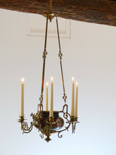 Load image into Gallery viewer, Charming French Church Brass Faience Chandelier Candle holders Religious 19TH
