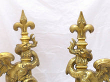 Load image into Gallery viewer, OMG Gothic Antique Bronze Pair Andirons 1880 Fire Dogs Fireplace Chimera Griffin
