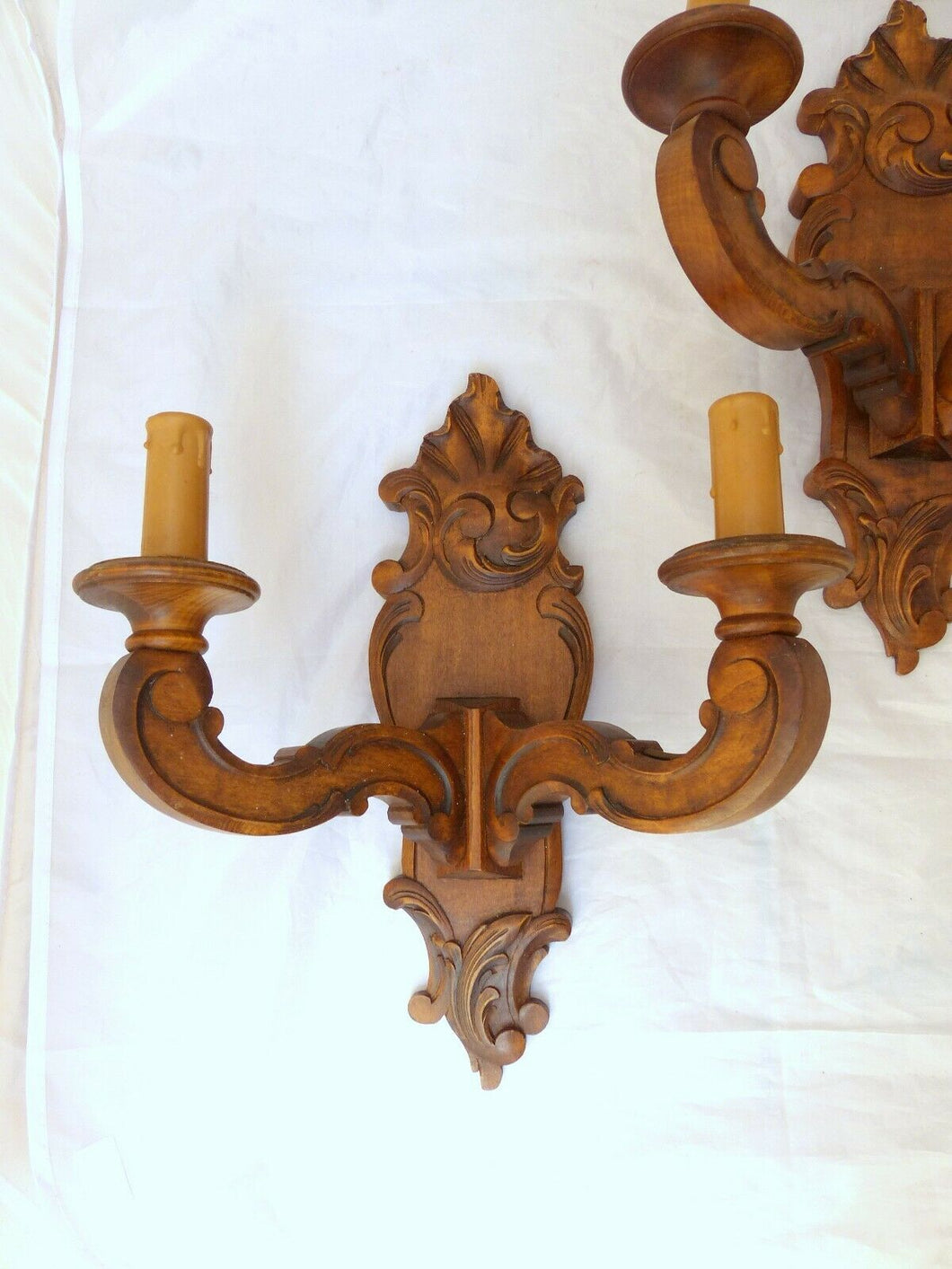 Vintage PAIR French Carved Wood Shell Rococo Wall Light Sconce Louis XV Rare