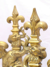 Load image into Gallery viewer, OMG Gothic Antique Bronze Pair Andirons 1880 Fire Dogs Fireplace Chimera Griffin
