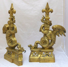 Load image into Gallery viewer, OMG Gothic Antique Bronze Pair Andirons 1880 Fire Dogs Fireplace Chimera Griffin
