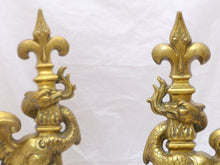 Load image into Gallery viewer, OMG Gothic Antique Bronze Pair Andirons 1880 Fire Dogs Fireplace Chimera Griffin
