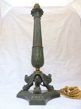 Load image into Gallery viewer, 18&quot; Large Antique French Painted Spelter Lamp Empire style 1900 Lion Tripod
