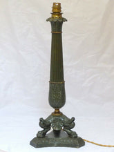 Load image into Gallery viewer, 18&quot; Large Antique French Painted Spelter Lamp Empire style 1900 Lion Tripod
