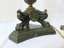 Load image into Gallery viewer, 18&quot; Large Antique French Painted Spelter Lamp Empire style 1900 Lion Tripod
