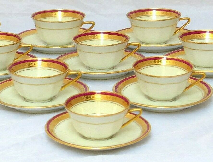 Set 8x Moka Cup Empire Gilded Palmettes by Limoges Porcelain Wine Red & Cream