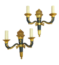 Load image into Gallery viewer, Antique PAIR French Empire Wall Light Sconce 2 Lights Torch Gilded Bronze 1930
