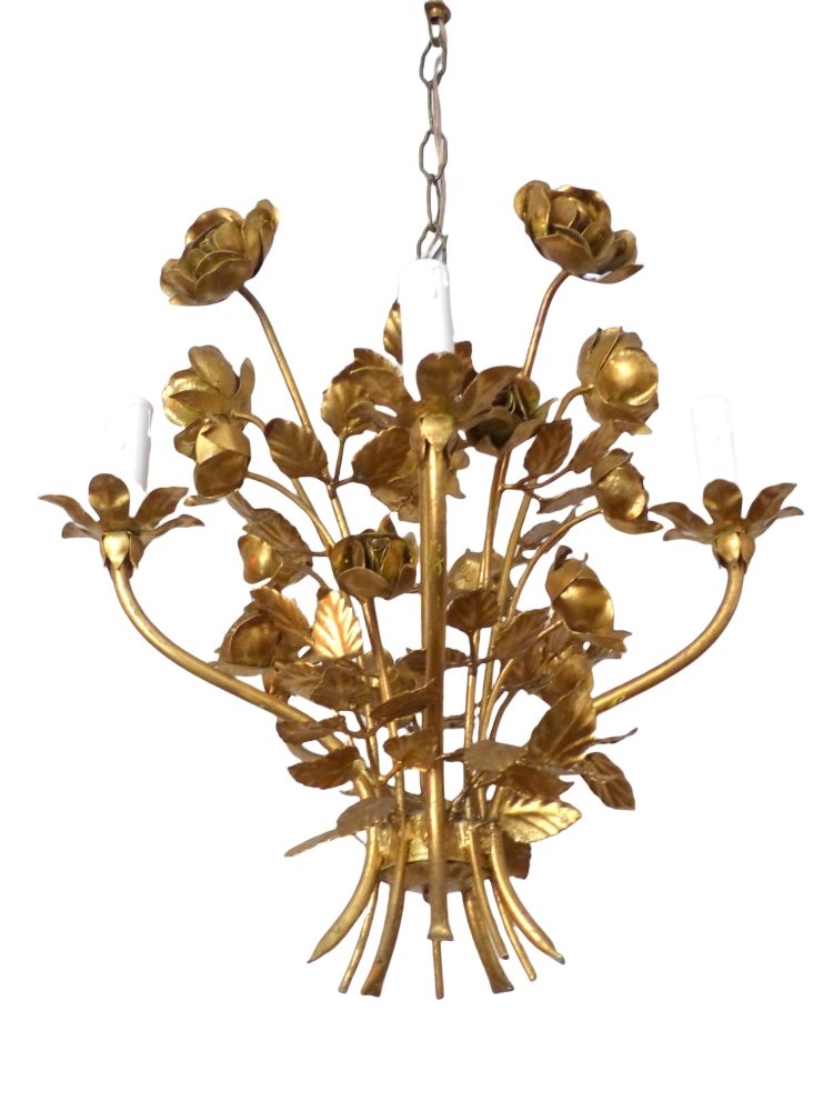 Gorgeous Gilded Chandelier Roses Ceiling 70's Regency Mid Century HANS KOGL sty.