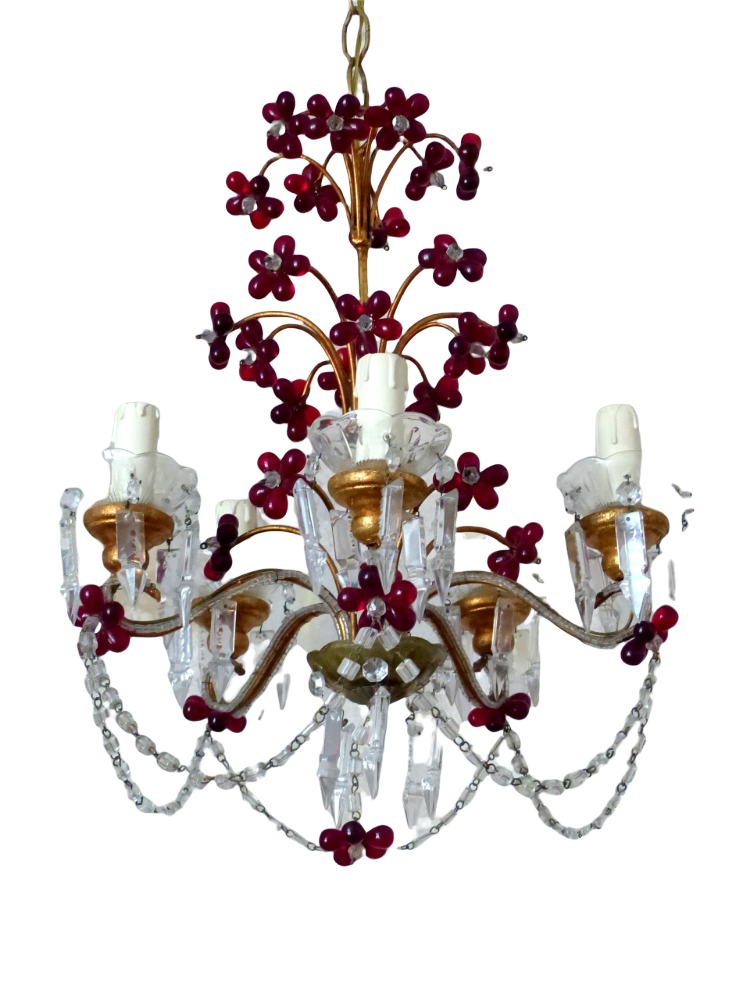 Gorgeous Vintage Macaroni Beaded Murano Drops Chandelier Italian Red Prism 1950