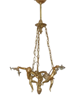 Load image into Gallery viewer, Vintage French 3 Arms Ormolu Bronze &amp; Glass Chandelier Ceiling Cherub Putti
