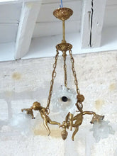 Load image into Gallery viewer, Vintage French 3 Arms Ormolu Bronze &amp; Glass Chandelier Ceiling Cherub Putti
