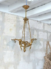 Load image into Gallery viewer, Vintage French 3 Arms Ormolu Bronze &amp; Glass Chandelier Ceiling Cherub Putti
