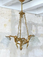 Load image into Gallery viewer, Vintage French 3 Arms Ormolu Bronze &amp; Glass Chandelier Ceiling Cherub Putti
