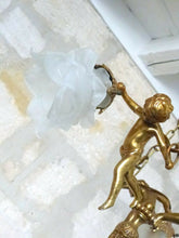 Load image into Gallery viewer, Vintage French 3 Arms Ormolu Bronze &amp; Glass Chandelier Ceiling Cherub Putti
