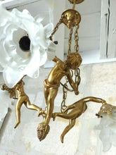 Load image into Gallery viewer, Vintage French 3 Arms Ormolu Bronze &amp; Glass Chandelier Ceiling Cherub Putti
