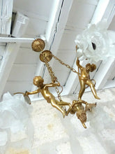 Load image into Gallery viewer, Vintage French 3 Arms Ormolu Bronze &amp; Glass Chandelier Ceiling Cherub Putti
