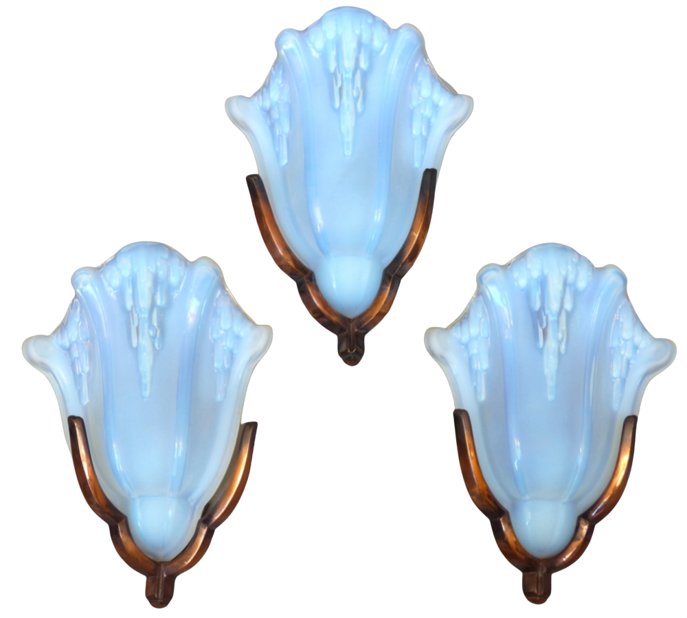 Gorgeous Set 3 Anglewall Light Sconces ART DECO Opalescent Glass signed EZAN