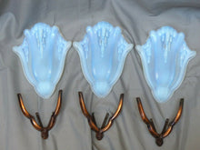 Load image into Gallery viewer, Gorgeous Set 3 Anglewall Light Sconces ART DECO Opalescent Glass signed EZAN
