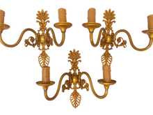 Load image into Gallery viewer, Vintage Set 3x French Empire Wall Light Sconce 2 Light Gilded Bronze brass 1960
