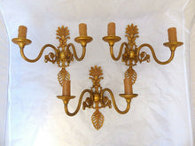 Load image into Gallery viewer, Vintage Set 3x French Empire Wall Light Sconce 2 Light Gilded Bronze brass 1960
