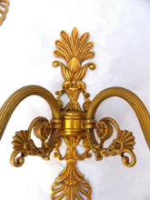 Load image into Gallery viewer, Vintage Set 3x French Empire Wall Light Sconce 2 Light Gilded Bronze brass 1960
