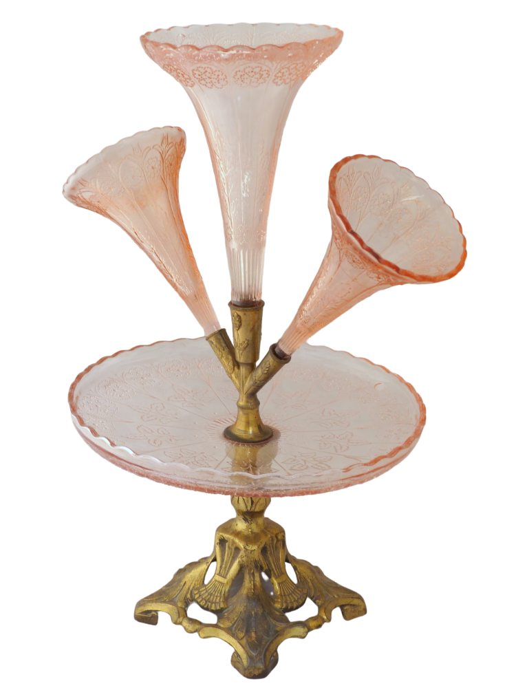 Late 19th ART NOUVEAU Centerpiece Tulip holder Pink Glass Gilded metal 3 Cornets