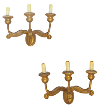 Load image into Gallery viewer, Gorgeous Italian PAIR Antique Gilded Gilded Wood Triple Wall light Sconce 1900
