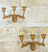 Load image into Gallery viewer, Gorgeous Italian PAIR Antique Gilded Gilded Wood Triple Wall light Sconce 1900
