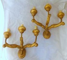 Load image into Gallery viewer, Gorgeous Italian PAIR Antique Gilded Gilded Wood Triple Wall light Sconce 1900
