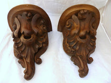 Load image into Gallery viewer, RARE Pair Huge 13&quot; Walnut Wood Carved Wall Console French Church Rococo Shell
