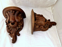 Load image into Gallery viewer, RARE Pair Huge 13&quot; Walnut Wood Carved Wall Console French Church Rococo Shell
