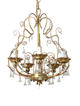 Load image into Gallery viewer, Vintage Chandelier Frosted Glass Drops Flowers Prisms Beads 1960 Italian Gilded
