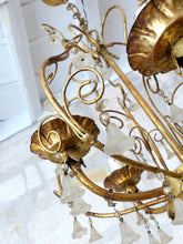 Load image into Gallery viewer, Vintage Chandelier Frosted Glass Drops Flowers Prisms Beads 1960 Italian Gilded
