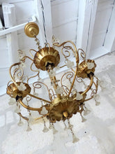 Load image into Gallery viewer, Vintage Chandelier Frosted Glass Drops Flowers Prisms Beads 1960 Italian Gilded
