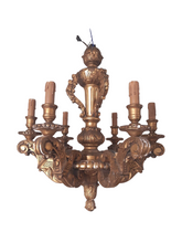 Load image into Gallery viewer, Gorgeous Antique Italian 6 Arms Gilded Carved Wood Chandelier Ceiling Late 1900
