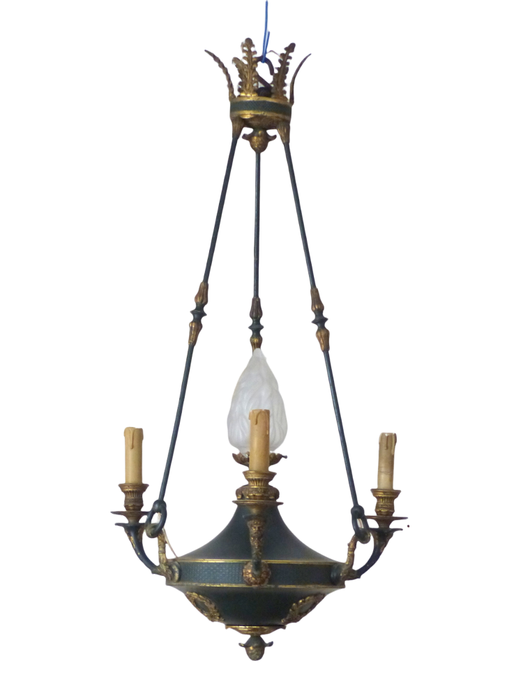 Antique French 3 Arms Ormolu Bronze Brass Tole Chandelier Ceiling Empire 19TH