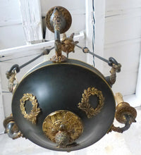 Load image into Gallery viewer, Antique French 3 Arms Ormolu Bronze Brass Tole Chandelier Ceiling Empire 19TH
