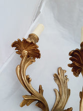 Load image into Gallery viewer, Vintage Pair French Louis XV Wall Light Sconce 3 Light Gilded Brass 1960 Rococo
