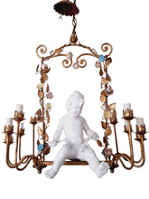 Load image into Gallery viewer, Excpt. XL Italian Mid-Century Gilt Iron Cherub Floral Chandelier Ceiling 10light
