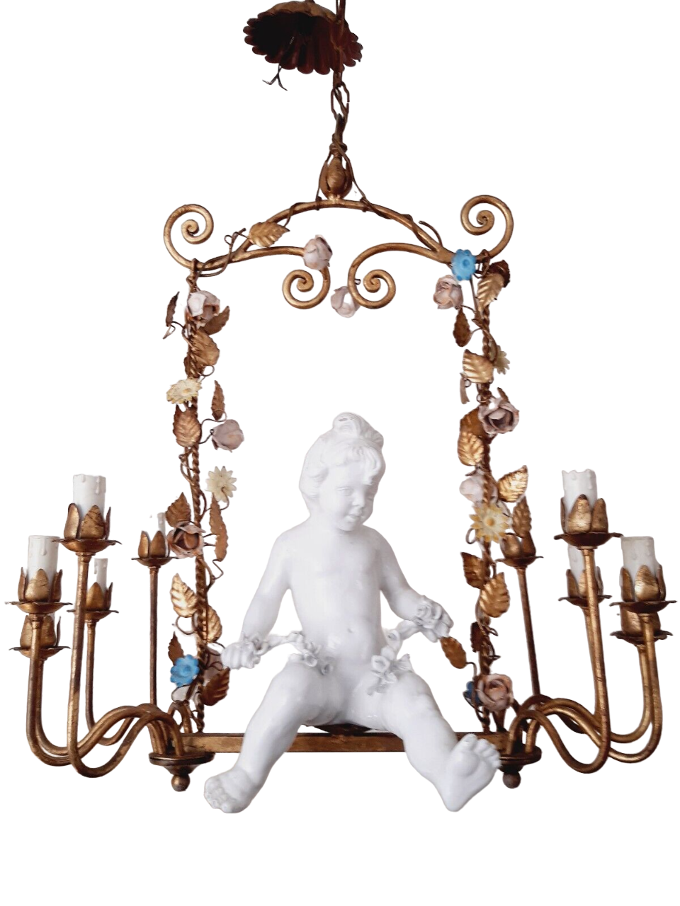 Excpt. XL Italian Mid-Century Gilt Iron Cherub Floral Chandelier Ceiling 10light