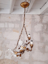 Load image into Gallery viewer, Gorgeous Italian Mid-Century Gilt Iron Cherub Floral Chandelier Ceiling 2 lights
