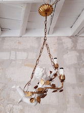 Load image into Gallery viewer, Gorgeous Italian Mid-Century Gilt Iron Cherub Floral Chandelier Ceiling 2 lights
