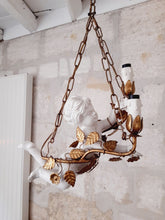 Load image into Gallery viewer, Gorgeous Italian Mid-Century Gilt Iron Cherub Floral Chandelier Ceiling 2 lights
