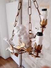 Load image into Gallery viewer, Gorgeous Italian Mid-Century Gilt Iron Cherub Floral Chandelier Ceiling 2 lights
