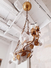 Load image into Gallery viewer, Gorgeous Italian Mid-Century Gilt Iron Cherub Floral Chandelier Ceiling 2 lights
